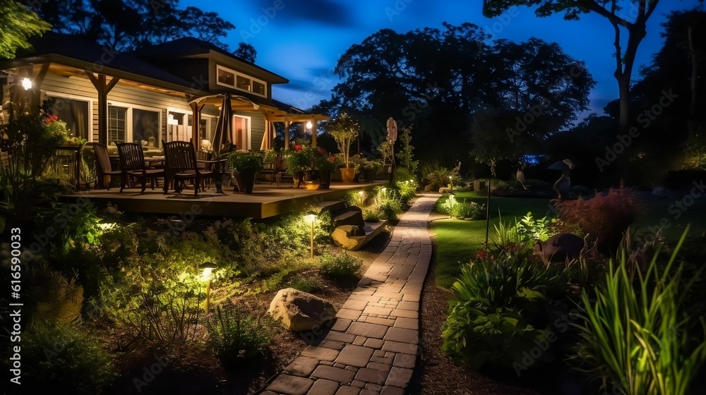 Nighttime oasis: LED light posts adorn garden