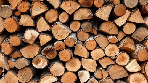 Natural wooden background closeup of chopped firewood. Firewood stacked and prepared for winter Pile of wood logs. Generative Ai