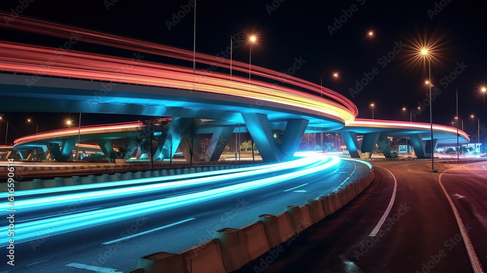 Overpass and light trails at night on the illuminated highway. Generative Ai