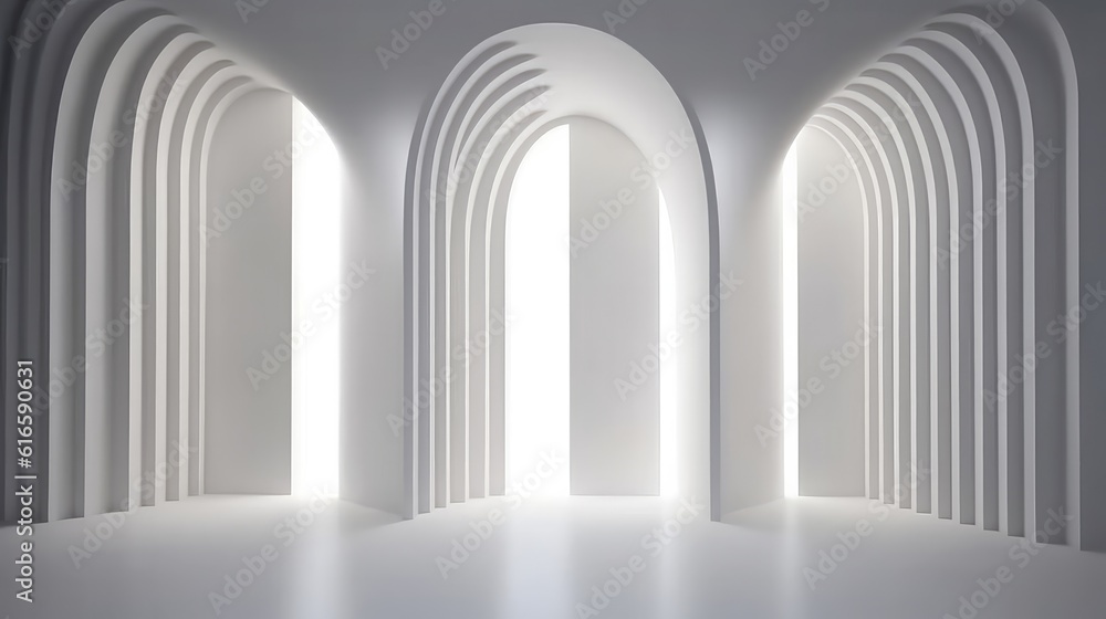 3D Abstract arch Blank white interior room background ,empty white walls corner and white wood floor contemporary,3D rendering - obrazy, fototapety, plakaty 