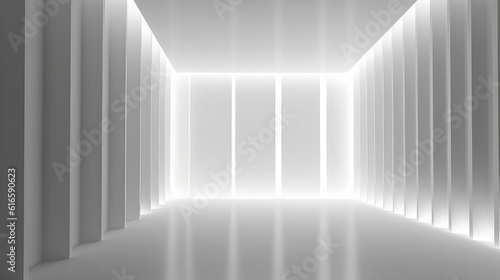 vertical white lights Blank white interior room background ,empty white walls corner and white wood floor contemporary,3D rendering