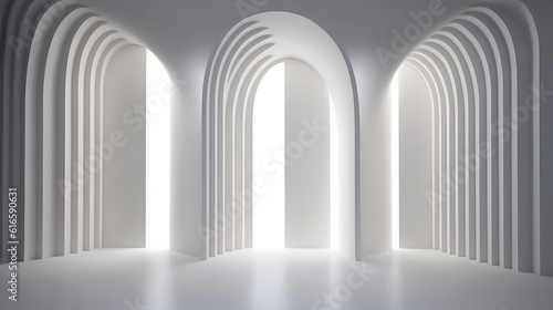 3D Abstract arch Blank white interior room background ,empty white walls corner and white wood floor contemporary,3D rendering