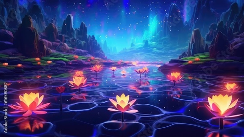 neon electric forest for electric dance music festival  colorful virtual reality forest swamp lily mountain glowing sky and flowers  very good for presentation background
