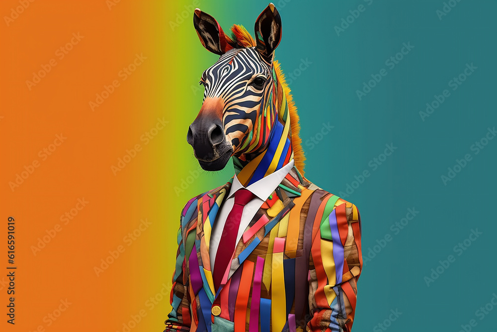 Surreal psychedelic zebra artwork with bright colors.  Generative AI - obrazy, fototapety, plakaty 