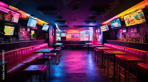 Colorful interior of bright and beautiful karaoke club. Generative Ai