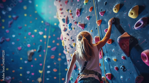 Rock climber woman hanging on a bouldering climbing wall. Generative Ai