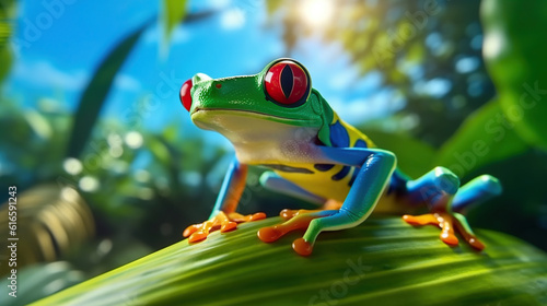 Red-eyed Tree Frog, Agalychnis callidryas, sitting on the green leave in tropical forest. Generative Ai