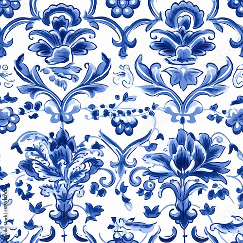 Seamless pattern in Dutch delft blue and white traditional handpainted.  Generative AI.
