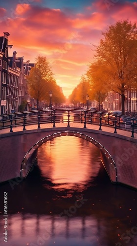 Amsterdam's downtown: iconic houses, bridges, and sunset photo