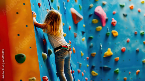 Little Girl Climbing Rock Wall. Generative Ai