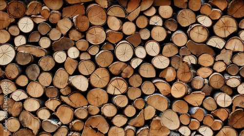 Natural wooden background closeup of chopped firewood. Firewood stacked and prepared for winter Pile of wood logs. Generative Ai