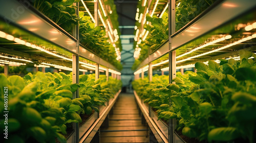 Greenhouse Plant row Grow with LED Light Indoor Farm Agriculture Technology. Generative Ai