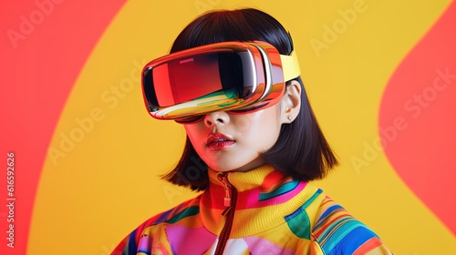 Portrait of a beautiful asian woman wearing virtual reality goggles.Generative Ai © Rudsaphon
