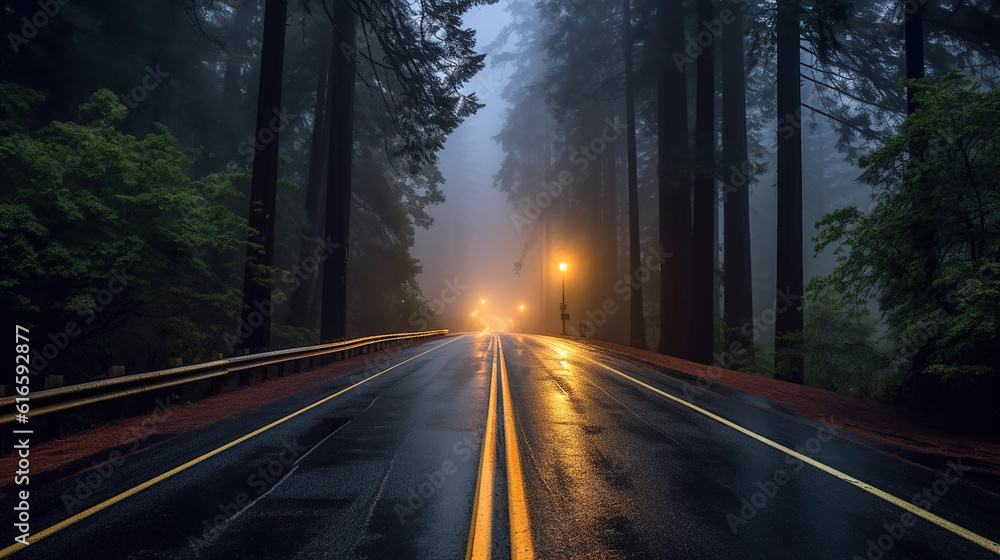 Fototapeta premium Foggy Straight Redwood Highway. Generative Ai
