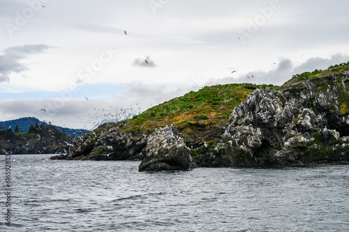 Scenic view of Gull Island from boat in Katchemak Bay, AK 