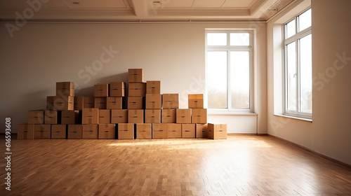 Stack of cardboard boxes in the empty room with copy space. Generative Ai © Malika