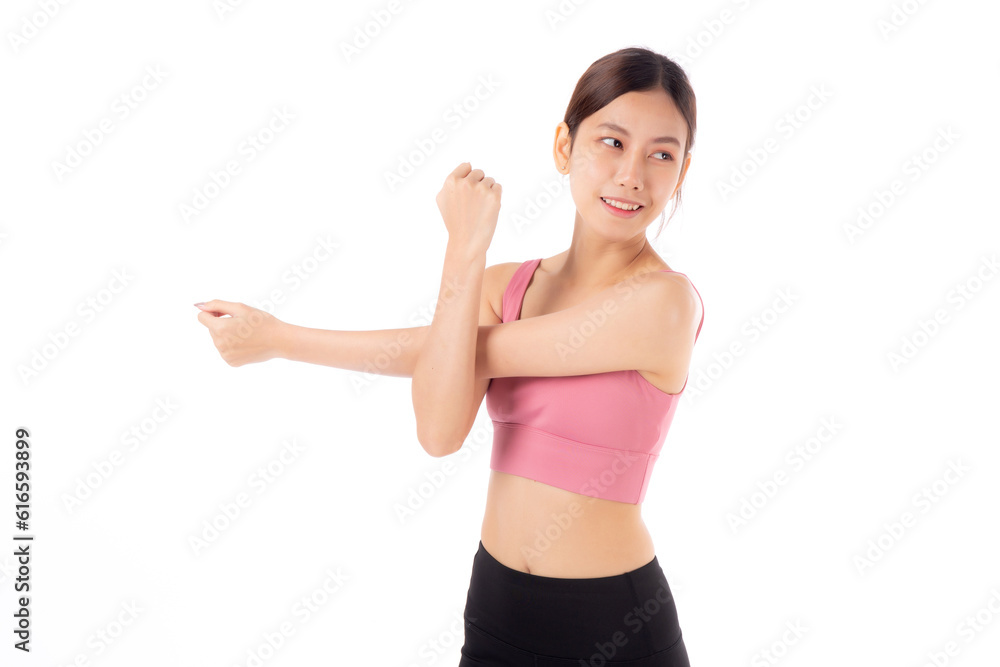 Portrait beautiful young asian woman stretching hands or arms for exercise yoga and relax isolated on white background, female workout training for muscle strong, sport and health care concept. Portrait beautiful young asian woman stretching hands or arms for exercise yoga and relax isolated on white background, female workout training for muscle strong, sport and health care concept.