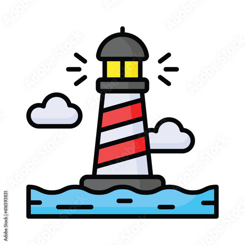 A tower containing a beacon light to warn or guide ships at sea, well designed icon of lighthouse