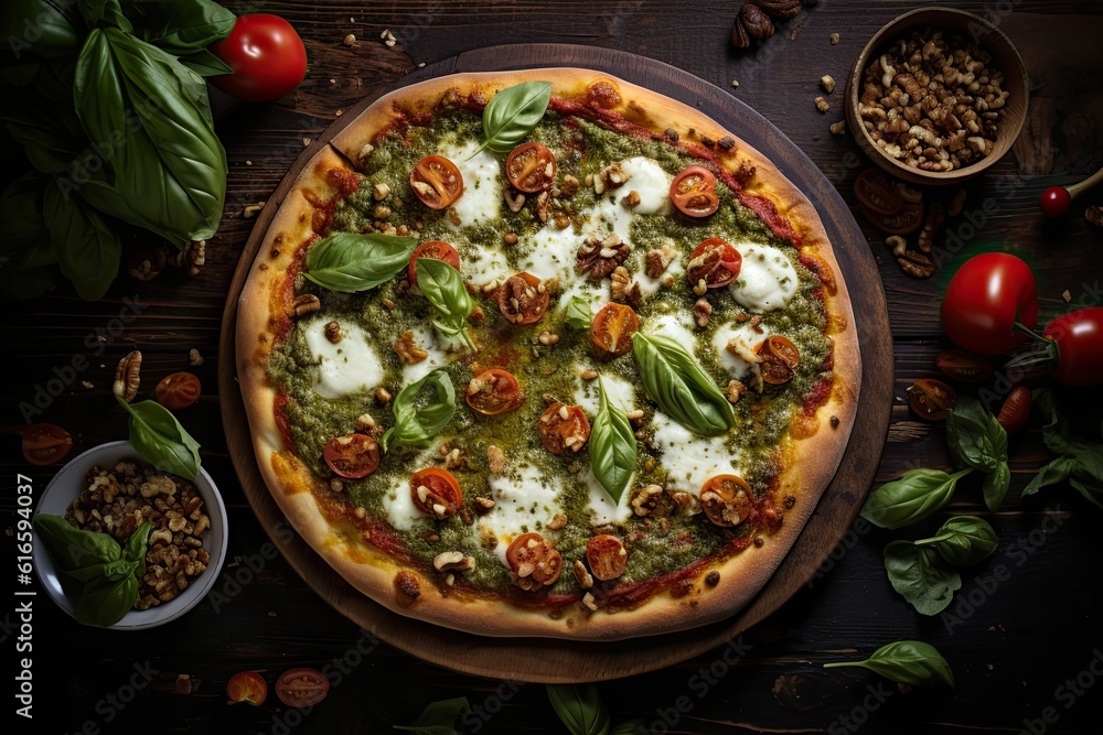 Pizza Al Pesto with fresh basil pesto and mozzarella