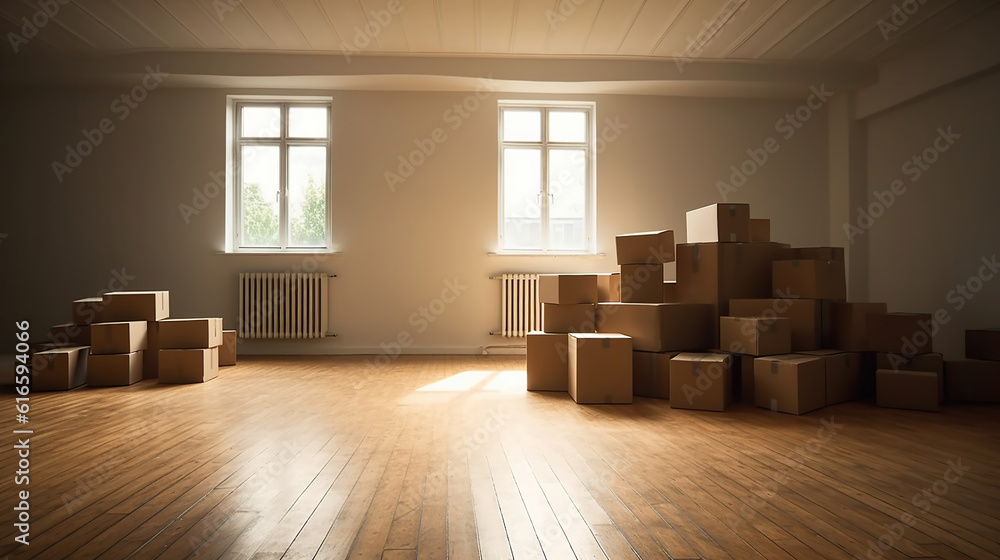 Stack of cardboard boxes in the empty room with copy space. Generative Ai Stack of cardboard boxes in the empty room with copy space. Generative Ai