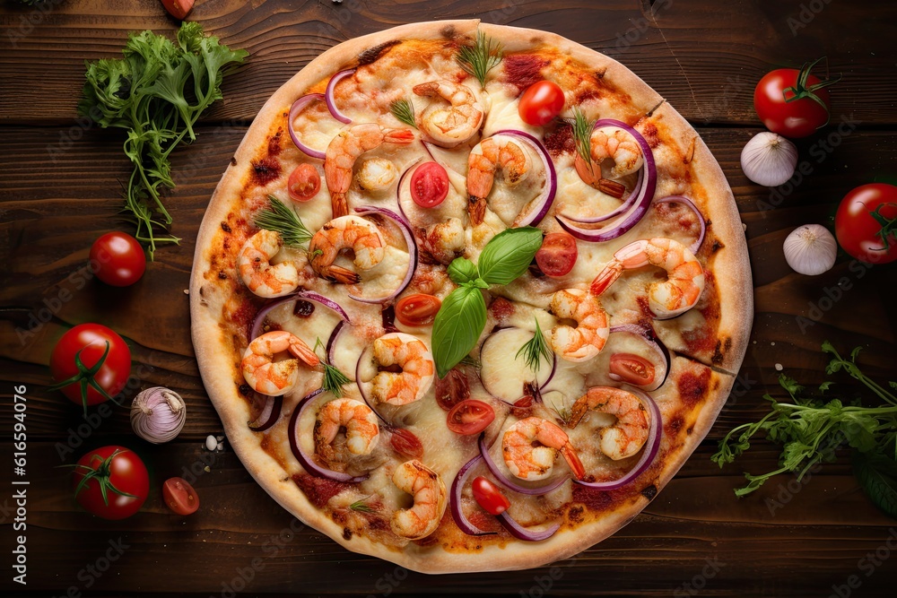 Pizza Gamberoni with spicy oil, mozzarella and shrimp, overhead shot from above