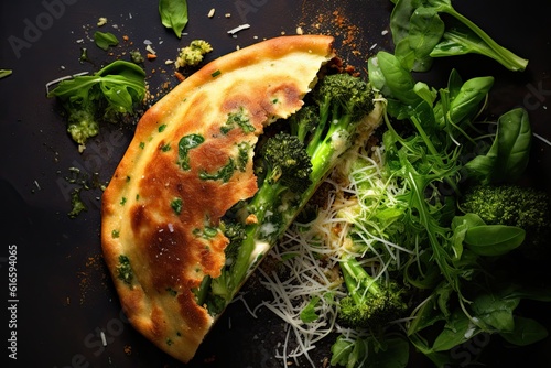 Broccoli Rabe and Olive Pizza Calzone, overhead shot from above, vegetarian dish photo