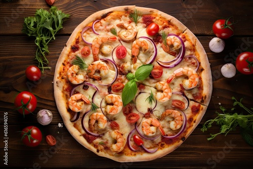 Pizza Gamberoni with spicy oil, mozzarella and shrimp, overhead shot from above