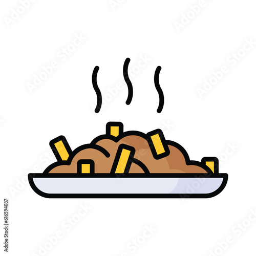 Poutine icon traditional quebec meal with french fries gravy and cheese curds, Vector illustration isolated on white background