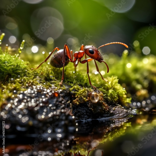 Ant on moss in the rainforest. Shallow depth of field. AI Generated. © Tanapol