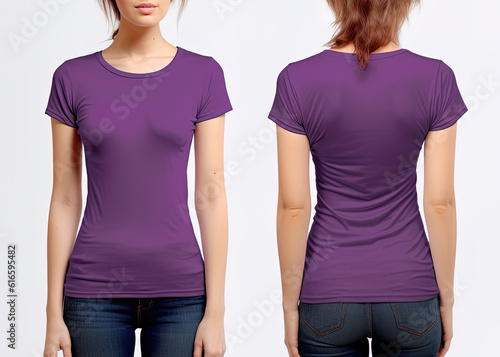 Photo realistic female purple t-shirts with copy space, front, and back view