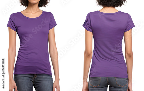 Photo realistic female purple t-shirts with copy space, front, and back view