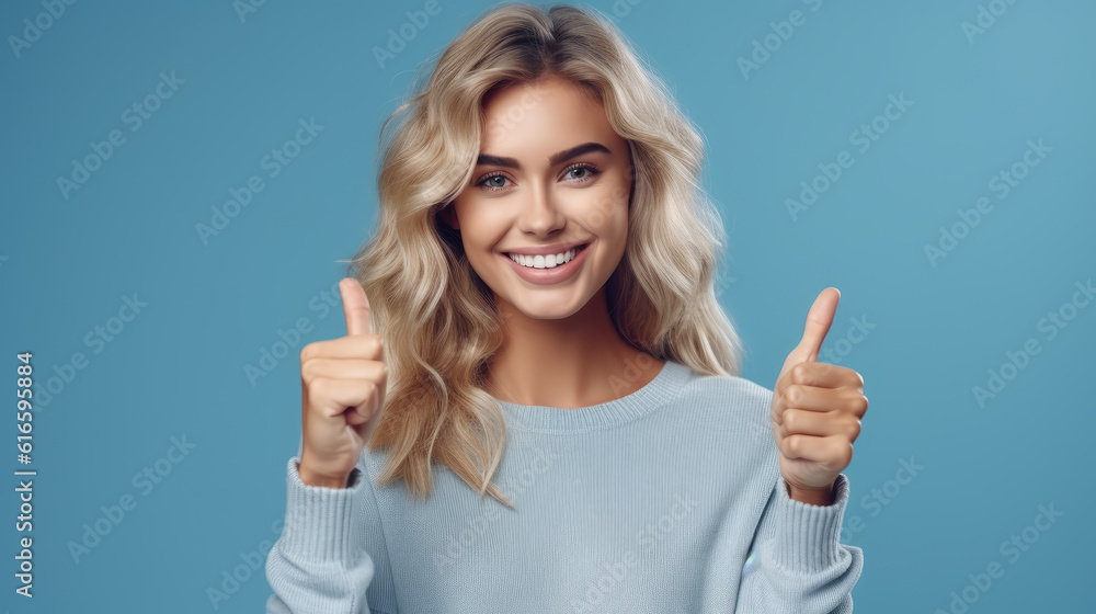 happy young blonde girl student or customer with broad smile, showing thumbs-up with both hands, Generative AI happy young blonde girl student or customer with broad smile, showing thumbs-up with both hands, Generative AI