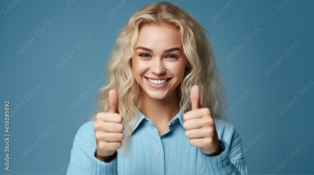 happy young blonde girl student or customer with broad smile, showing thumbs-up with both hands, Generative AI happy young blonde girl student or customer with broad smile, showing thumbs-up with both hands, Generative AI