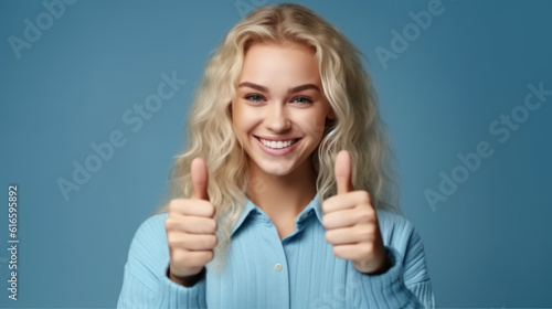 Wallpaper Mural happy young blonde girl student or customer with broad smile, showing thumbs-up with both hands, Generative AI Torontodigital.ca