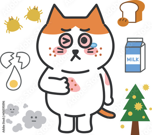 Itchy orange tabby cartoon cat has various allergic reactions, vector illustration.