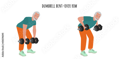 Senior man doing dumbbell bent-over row exercise