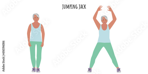 Senior active woman doing Jumping Jack exercise