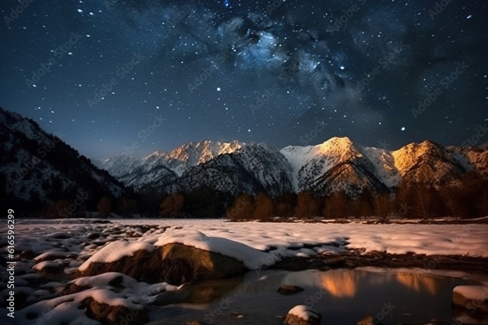 Beautiful winter landscape with mountain river and starry sky at night.Generative Ai