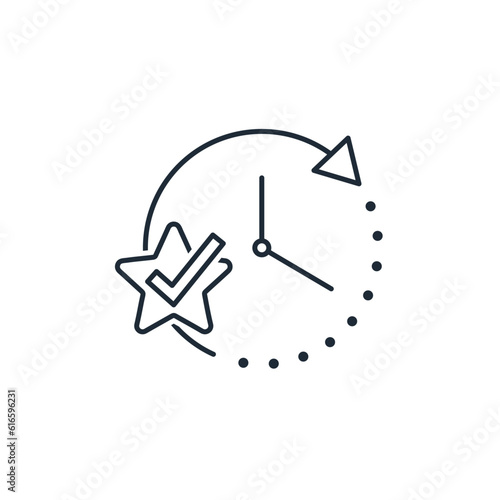 Moving clock hands towards a star with a checkmark. Quickly change circumstances, events. Vector linear icon isolated on white background.