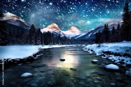 Beautiful winter landscape with mountain river and starry sky at night.Generative Ai