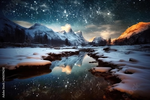 Beautiful winter landscape with mountain river and starry sky at night.Generative Ai © Rudsaphon