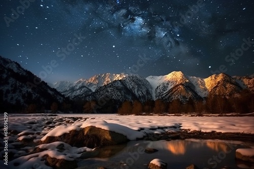 Beautiful winter landscape with mountain river and starry sky at night.Generative Ai