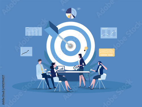 Team Business working on table with dartboard target. Business leadership, cooperation, partnership, team work symbol. vector illustration.