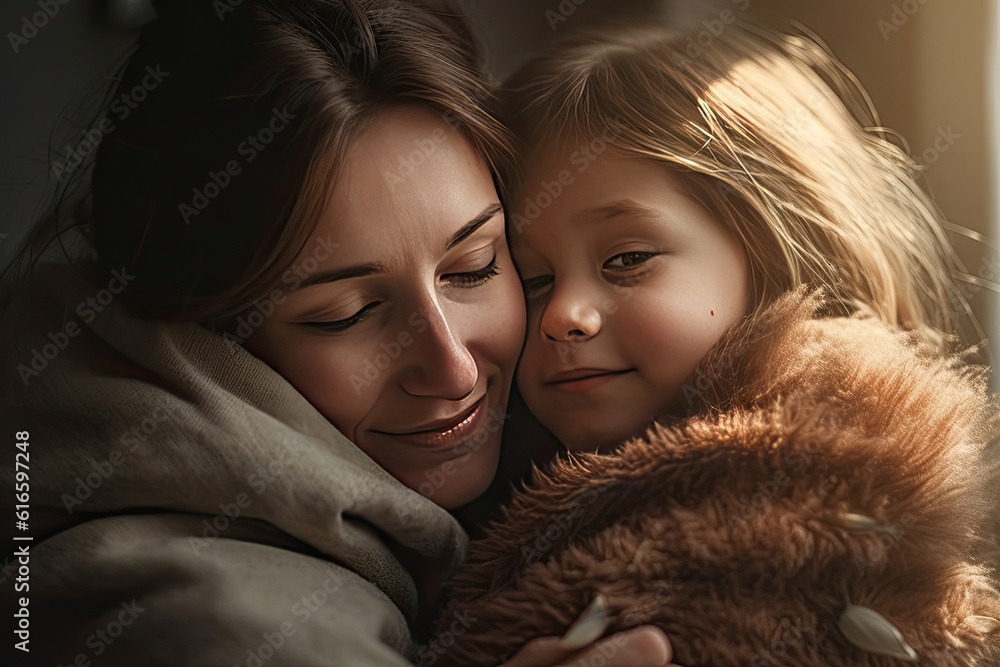 A mother is hugging her child with love and warmth at home. Generative AI A mother is hugging her child with love and warmth at home. Generative AI