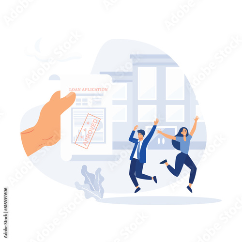 Credit agent holds loan approval application document with approved stamp in hand, debt or obligation to pay back interest rate. flat modern vector illustration