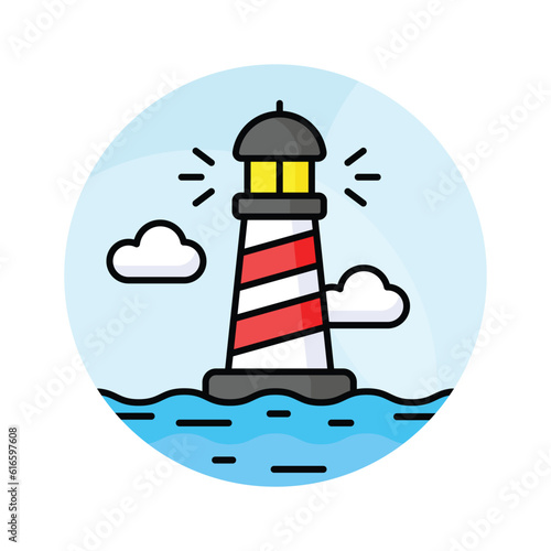 A tower containing a beacon light to warn or guide ships at sea, well designed icon of lighthouse