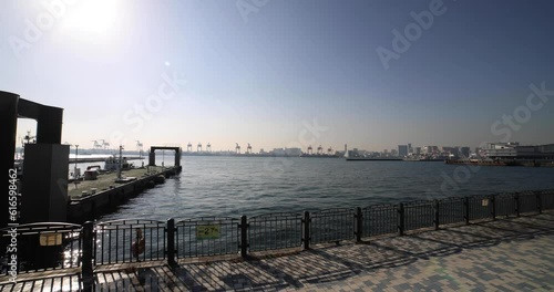 A vessel near the port in Aomi Tokyo wide shot panning photo