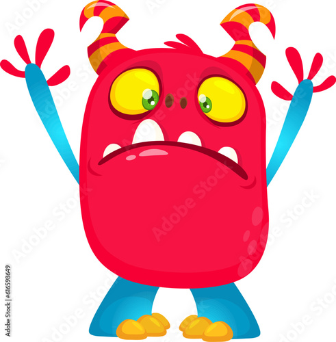 Happy cartoon monster waving hands. Halloween vector illustration. Great for package or party decoration