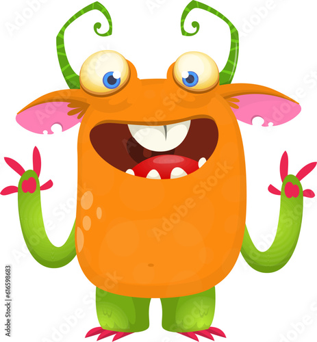 Happy cartoon monster waving hands. Halloween vector illustration. Great for package or party decoration