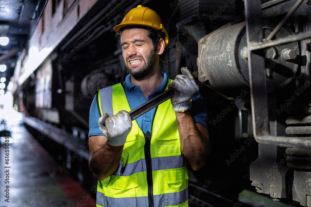 Mechanics service engineer working underneath train car maintenance transmittal system in the garage Mechanics service engineer working underneath train car maintenance transmittal system in the garage
